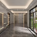 Modern Elevator Hallway With Marble Floor Glass Doors Mailboxes Ceiling Lights And Greenery 3d model