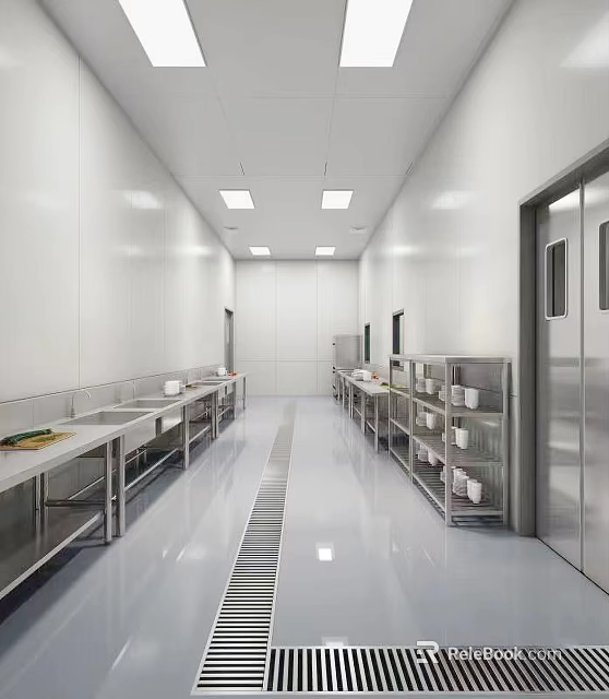 Professional Commercial Kitchen Interior With White Walls Ceiling Stainless Steel Worktables Shelves And Smooth Flooring 3d model 