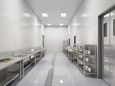 Professional Commercial Kitchen Interior With White Walls Ceiling Stainless Steel Worktables Shelves And Smooth Flooring 3d model
