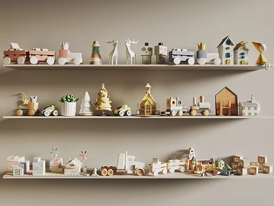 Toy Display on Shelves with Cars Animal Figures Houses and Christmas Tree 3d model