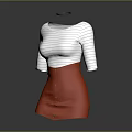 Stylish Women's Striped White Top With Three Quarter Sleeves And Red Buttoned A Line Skirt