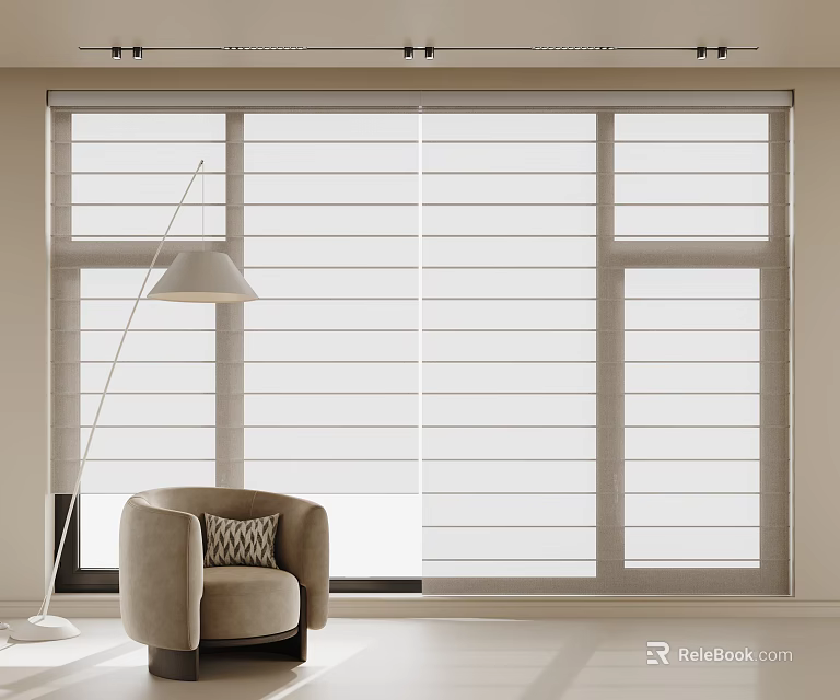 Light Colored Venetian Blinds on Large Window with Armchair and Floor Lamp in Modern Interior 3d model 