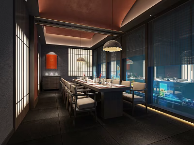 Elegant Private Dining Room Interior With Long Table Chairs And Lattice Windows 3d model