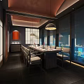 Elegant Private Dining Room Interior With Long Table Chairs And Lattice Windows
