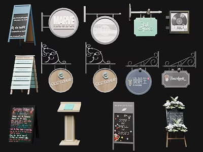 Different Types Of Business Signs Including Hanging Standing Chalkboard And Wooden Designs 3d model