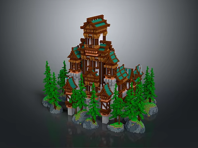 Cartoon Scene Of Multi Layered Wooden Tower With Green Roofs Pine Trees And Stone Bases 3d model