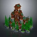 Cartoon Scene Of Multi Layered Wooden Tower With Green Roofs Pine Trees And Stone Bases