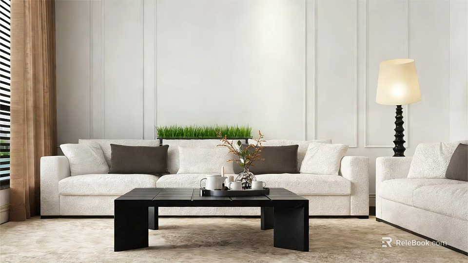 Modern Light Colored Sofa Set With Gray Pillows Black Coffee Table And Floor Lamp 3d model 
