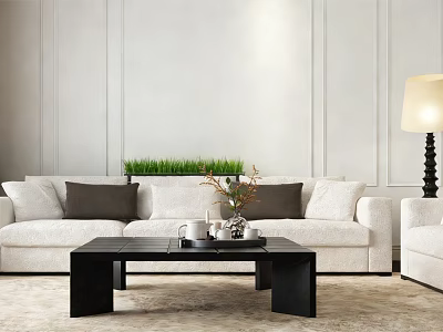 Modern Light Colored Sofa Set With Gray Pillows Black Coffee Table And Floor Lamp 3d model