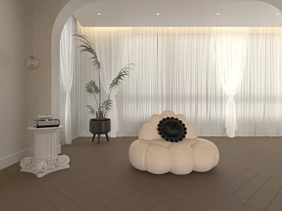Beige Pumpkin Shaped Single Sofa With Black Cushion White Curtains Wooden Floor Potted Plant Side Table 3d model