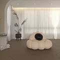 Beige Pumpkin Shaped Single Sofa With Black Cushion White Curtains Wooden Floor Potted Plant Side Table