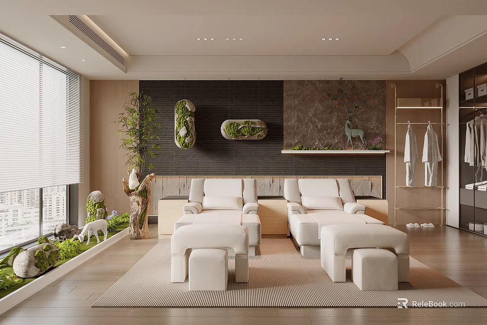 Modern Beauty Hair Salon With Comfortable Seats Green Plant Decor And Bright Interior 3d model 
