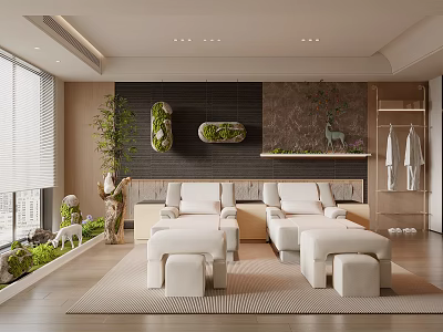 Modern Beauty Hair Salon With Comfortable Seats Green Plant Decor And Bright Interior 3d model