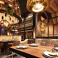 Elegant Restaurant Interior With Wooden Walls Chandeliers Leather Chairs And Dining Tables
