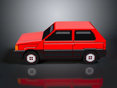 Red Cartoon Hatchback Car With Black Windows And Reflection On Dark Background 3d model