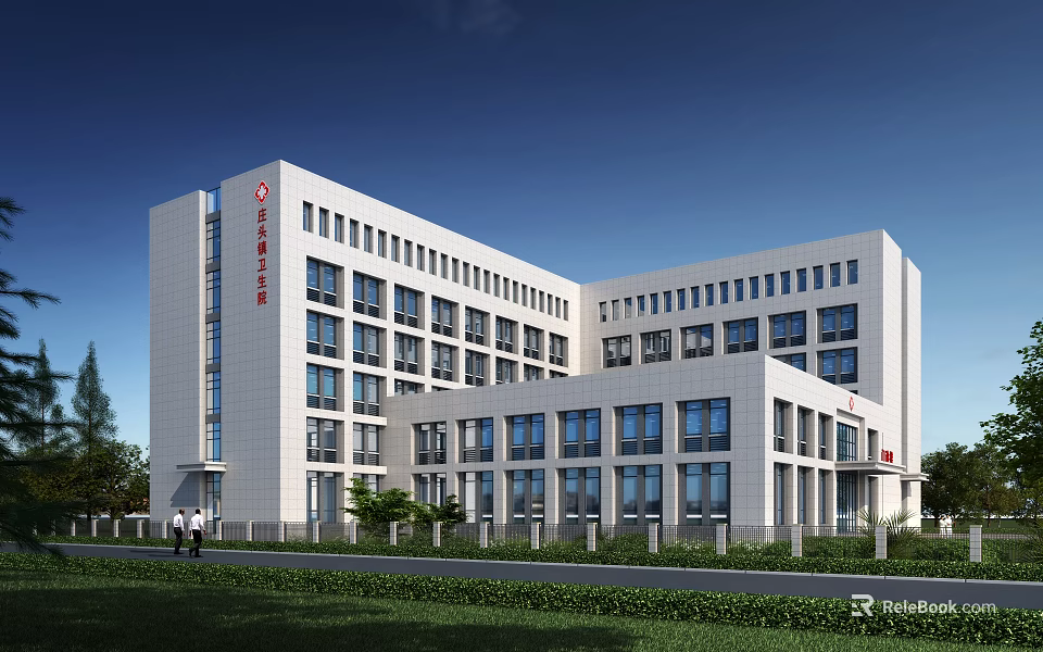 Modern White Multi Storey Hospital Building With Large Windows And Surrounding Greenery 3d model 