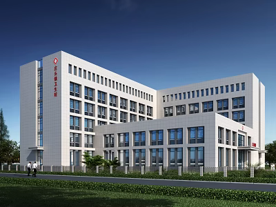 Modern White Multi Storey Hospital Building With Large Windows And Surrounding Greenery 3d model