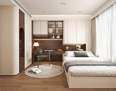 Modern Tatami Bedroom Interior With Bed Desk Bookshelf Window Curtains And Wooden Floor 3d model