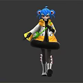 Anime Style Blue Haired Character Figure With White Yellow Coat Yellow Skirt And Green Object