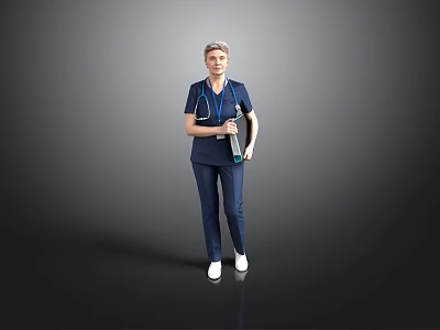 Medical Professional In Blue Scrubs With Stethoscope And Clipboard Standing Against Gray Background 3d model