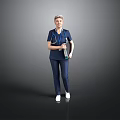 Medical Professional In Blue Scrubs With Stethoscope And Clipboard Standing Against Gray Background