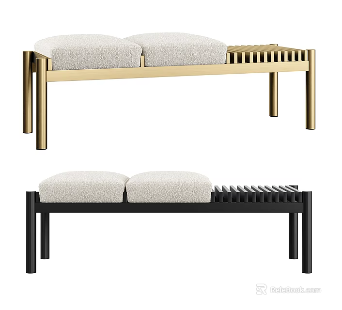 Modern Upholstered Sofa Bench With Golden And Black Metal Legs And Padded Seats 3d model 