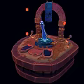 Mystical Archway Scene With Glowing Blue Structure Stone Blocks Inscriptions Mushroom Shapes And Red Lanterns