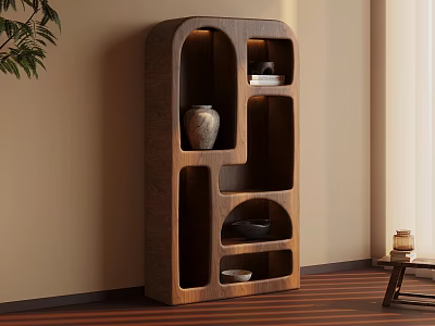 Wooden Shelf With Compartments Holding Vase Bowl And Plant On Wooden Floor By Beige Wall 3d model
