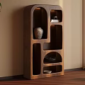 Wooden Shelf With Compartments Holding Vase Bowl And Plant On Wooden Floor By Beige Wall