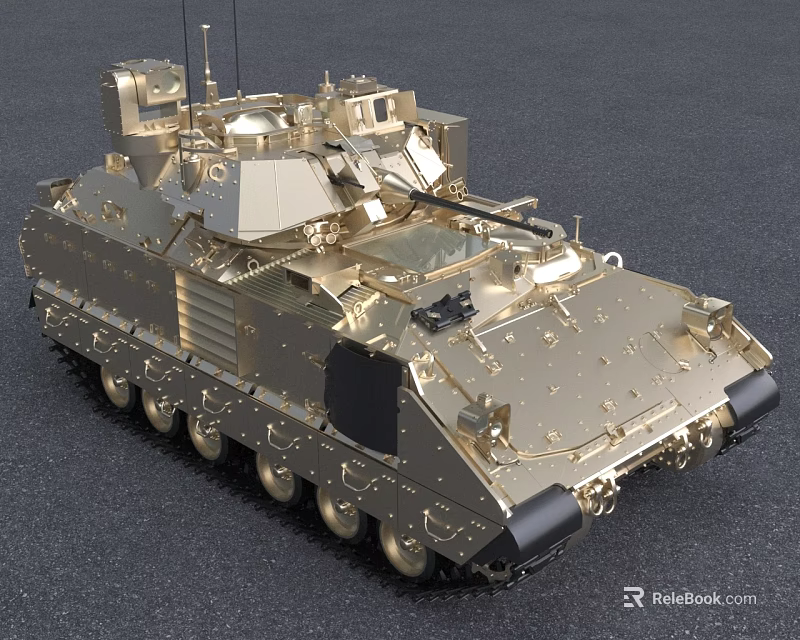Golden Military Tank Model with Turret Tracks Antenna and Detailed Armor 3d model 