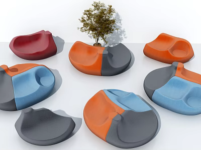 Modern Sectional Sofa with Curved Shape Vibrant Red Orange Blue Gray in Living Room 3d model