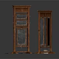 Dark Wooden Standing Paneled Furniture With Multiple Panels And Scattered Decor Items