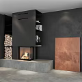 Lit Modern Fireplace With Stacked Wood Logs And Abstract Painting On Gray Walls