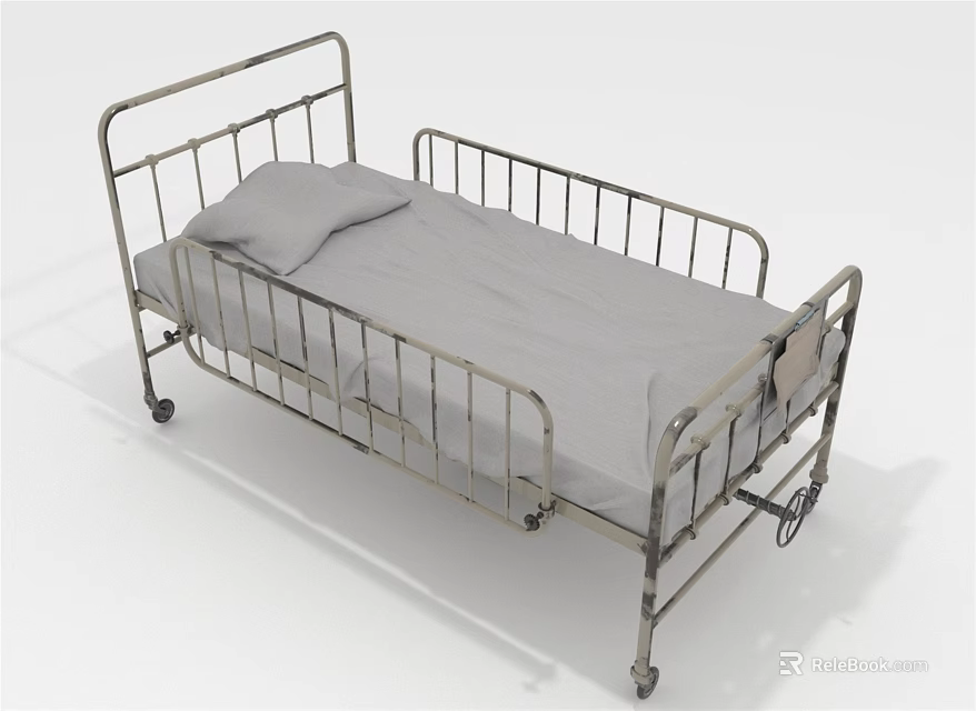 Medical Bed with Sturdy Metal Frame Gray Mattress Pillow and Wheels for Hospital Use 3d model 
