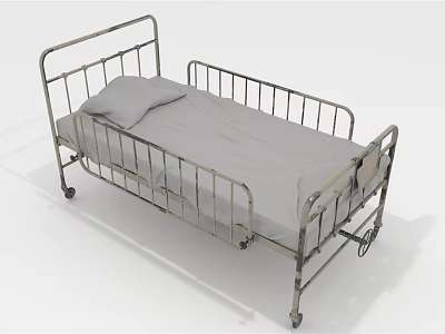 Medical Bed with Sturdy Metal Frame Gray Mattress Pillow and Wheels for Hospital Use 3d model