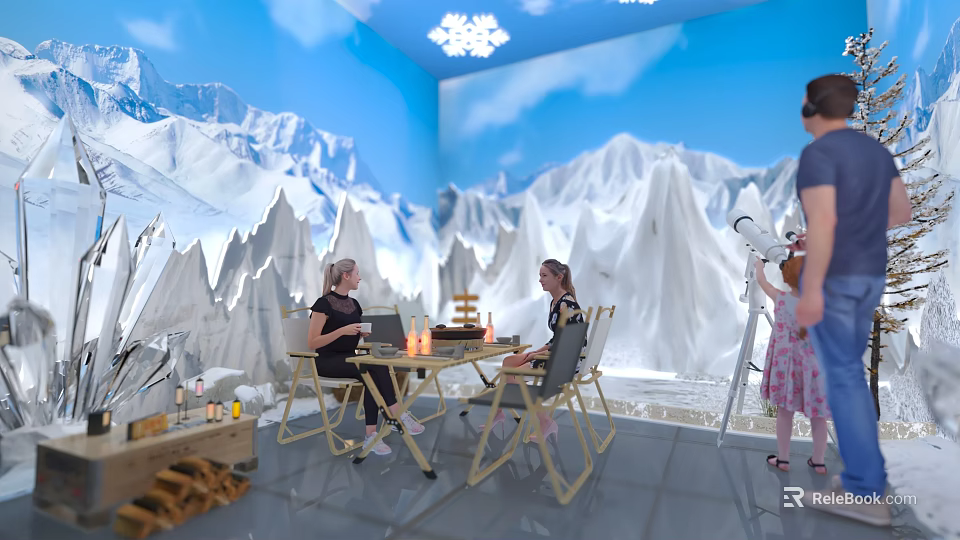 Indoor Snow Mountain Scene With Girls Interacting At Table And Telescope 3d model 