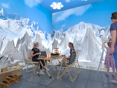 Indoor Snow Mountain Scene With Girls Interacting At Table And Telescope 3d model