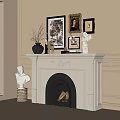 Ornate White Fireplace with Carved Mantel Featuring Framed Pictures Statues Vase and Bust Sculpture