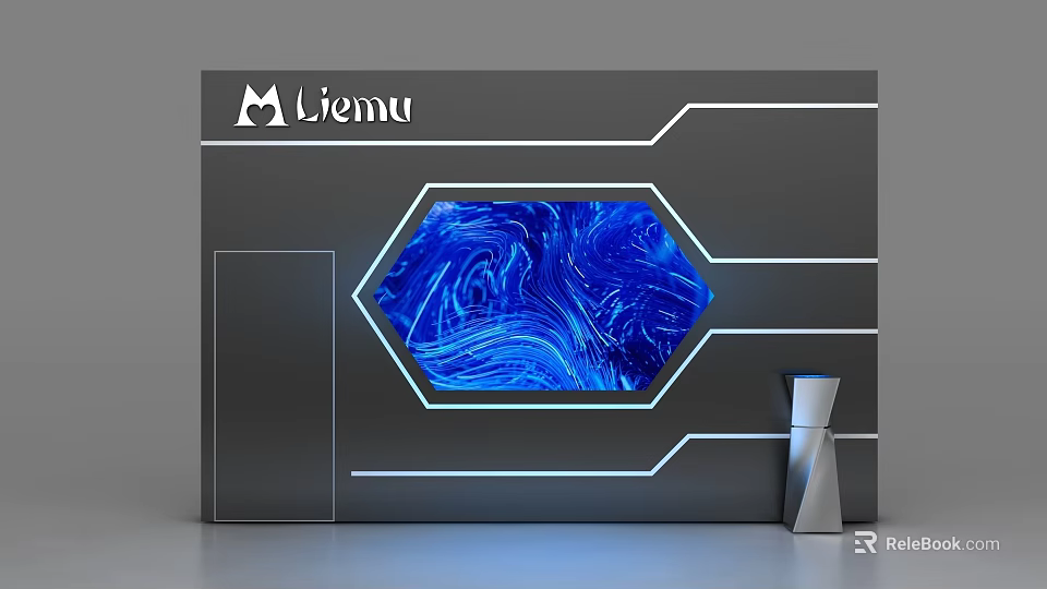 Liemu Modern Display Shelf With Gray Frame And Hexagonal Blue Glowing Panel 3d model