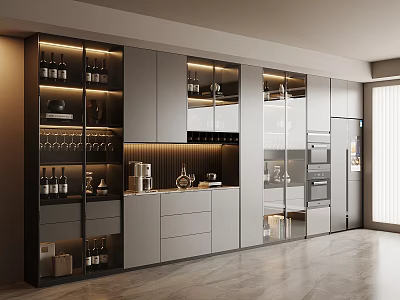 Modern Sideboard With Glass Display Doors LED Lighting Wine Bottles And Coffee Machine 3d model