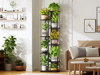 Bright Living Room Interior With Multi Tier Plant Stand Green Plants Sofa And Decorative Paintings 3d model