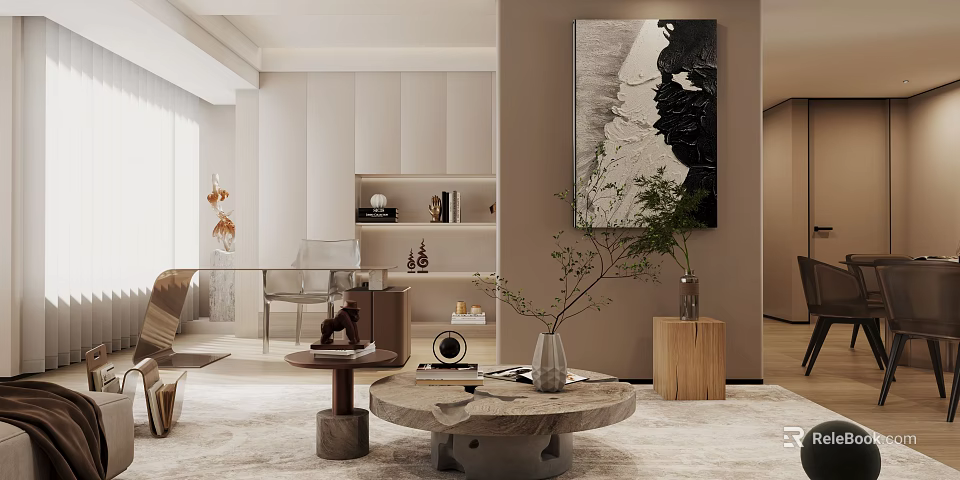 Elegant Modern Living And Dining Room Interior With Decorative Painting Wooden Shelf And Marble Table 3d model 