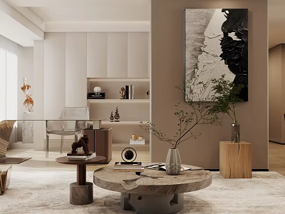 Elegant Modern Living And Dining Room Interior With Decorative Painting Wooden Shelf And Marble Table 3d model