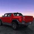 Red Modern Pickup Truck With LED Headlights Against Sunset Sky Background
