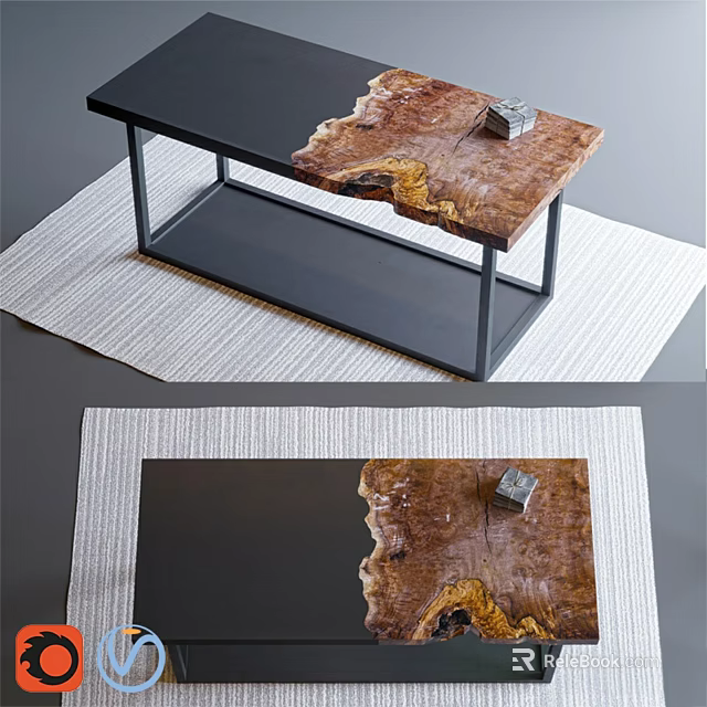 Natural Wooden Coffee Table With Live Edge Top And Black Metal Legs On Woven Rug 3d model 