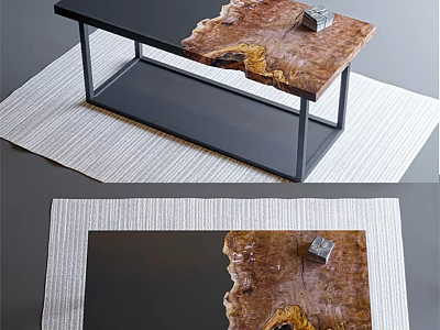 Natural Wooden Coffee Table With Live Edge Top And Black Metal Legs On Woven Rug 3d model