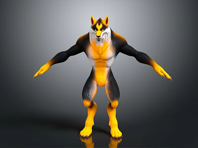 Anthropomorphic Wolf Character 3D Model in Standing Pose with Yellow Black White Fur 3d model