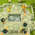 Cartoon Adventure Scene With Multiple Characters On Checkerboard Ground Campfires And Lush Green Plants