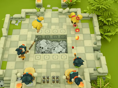 Cartoon Adventure Scene With Multiple Characters On Checkerboard Ground Campfires And Lush Green Plants 3d model