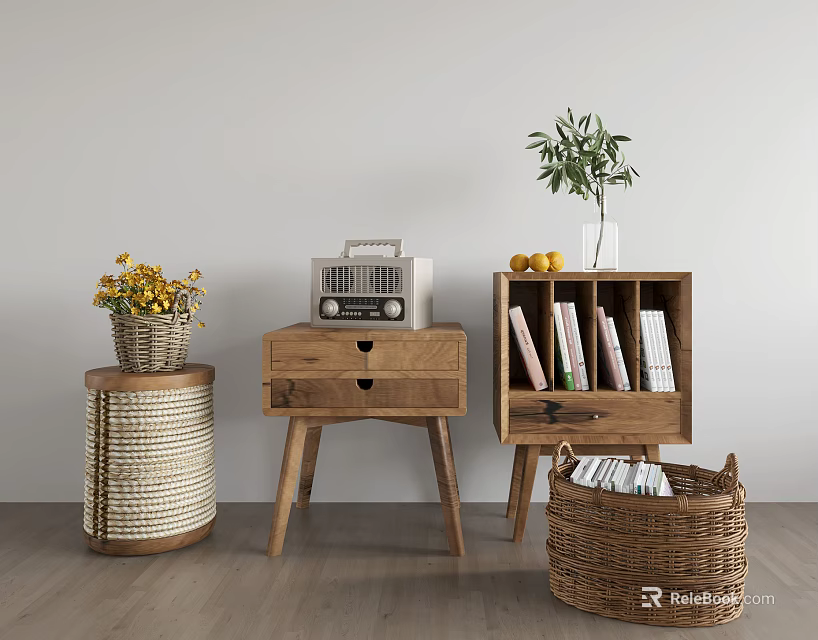 Wooden Entryway Cabinet And Side Cabinet With Woven Basket Radio Plant Books And Fruits 3d model 